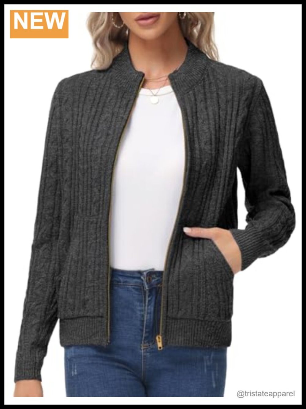 Women Chunky Cable Knit Zip Up Cardigan with Pockets